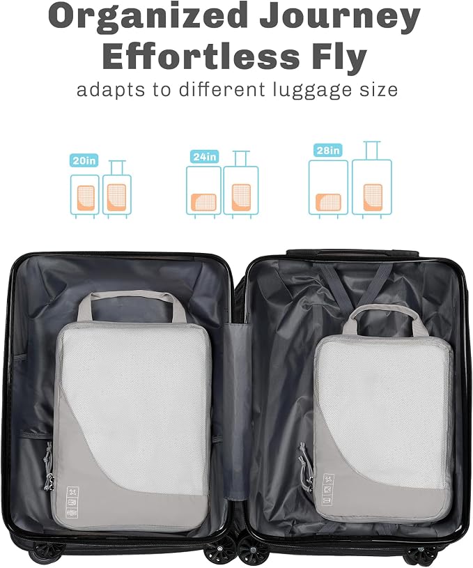 Hynes Eagle 6 Set/ 4 Set/ 2 Set Compression Packing Cubes Travel Essentials Lightweight Nylon Luggage Suitcase Organizer Bag Light Grey 2PCS - Image 3