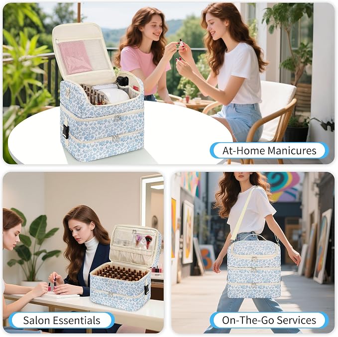 Extra Large Nail Polish Organizer - Three Layer Nail Organizers And Storage Bag, Portable Nail Supplies Organizer Case, Nail Tech Kit Travel Carrying Box with Shoulder Strap (Floral Blue, 117 Slots) - Image 8