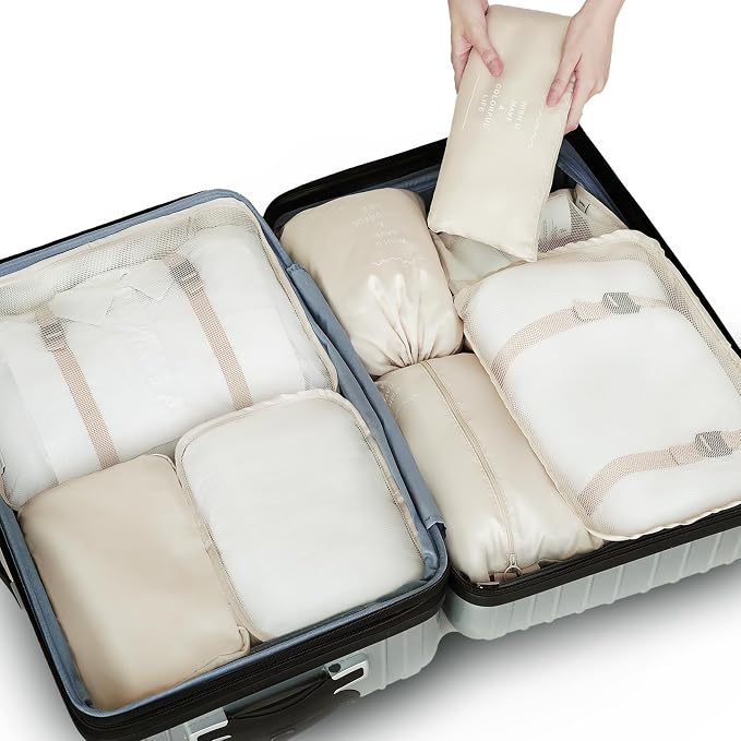 8 Pcs Travel Organizer Pouch Packing Cubes for Travel Clothes Space Savers Bags Cosmetics/Underwear/Socks/Shoes Toiletry Organiser Pouch (Beige) - Image 7