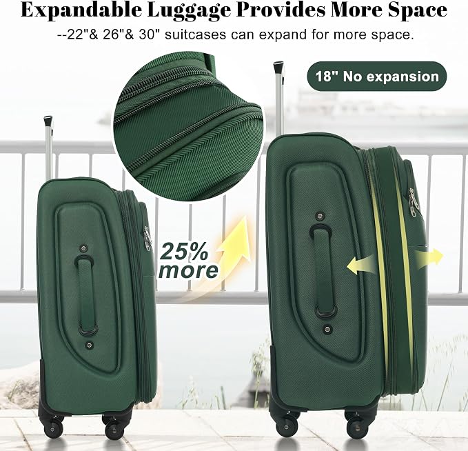 Merax 4-Piece Expandable Luggage Set,Softside Suitcase,Dark Green | 18" 22" 26" 30" Lightweight Luggage with Spinner Wheels,Suitcase Set with TSA Lock,Front Pocket & Interior Organization - Image 4