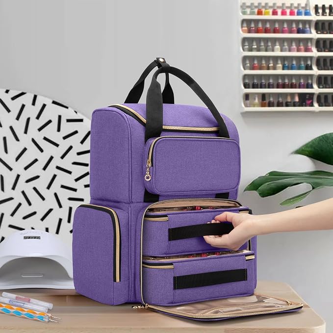 LUXJA Nail Polish Organizer Backpack Holds 70 Bottles and a UV Lamp | Travel Nail Bag with 2 Removable Cases, Ample Tools Storage Pockets, Adjustable Shoulder Straps, Trolley Sleeve, Purple - Image 7