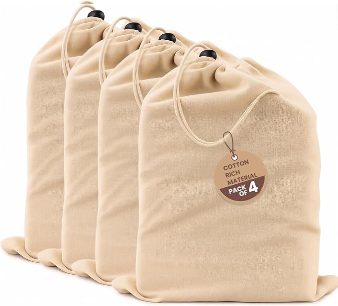 LFH Cotton Rich Shoe Storage Bags with Drawstring, Dustproof Breathable Reusable Organizer, Perfect For Travel, Dorm, Hotel, College, Gym, Easy to Carry, Machine Washable 12"x17" (Pack of 4) - Natural by LFHHomePrivateLimited