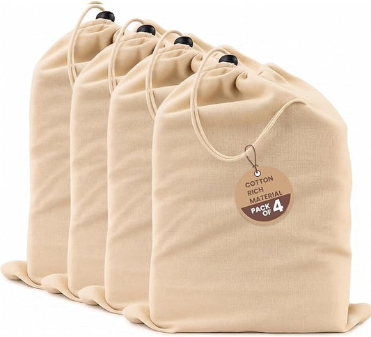 LFH Cotton Rich Shoe Storage Bags with Drawstring, Dustproof Breathable Reusable Organizer, Perfect For Travel, Dorm, Hotel, College, Gym, Easy to Carry, Machine Washable 12"x17" (Pack of 4) - Natural by LFHHomePrivateLimited