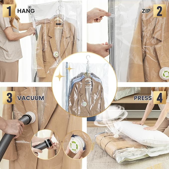 TAILI Hanging Vacuum Sealer Storage Space Saver Bags for Clothing, Suits and Jackets, Closet Organizers, Wider Sides (3 Long, 3 Short) Cream - Image 6