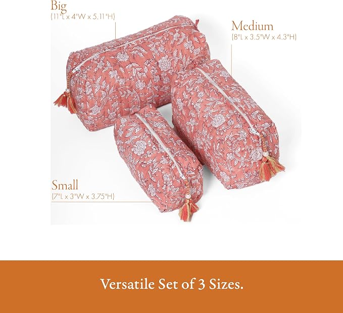 Saffron Marigold Quilted Makeup Bag Set of 3, Hand Block Printed Cotton Cosmetic Bags for Women, Waterproof Lined Travel Toiletry Bag, Coquette Floral Aesthetic, Handmade Gift, Coral Flowers - Image 3