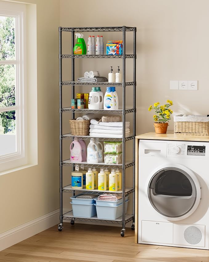 Golpart 8 Tier Shelves Storage Shelf Wire Closet Bathroom Organizers Metal Pantry Kitchen Garage Shelving Unit Laundry Room Organization Home Rack Net Basket Black with Wheels 12”D X 22”W X 74.2”H - Image 7