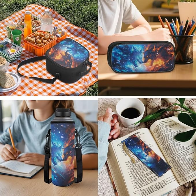Wolf Backpacks for Boys Fire Ice Elemenatry School Backpack with Lunch Box Pencil Case Water Bottle Sleeve Bookmark 17Inch Kids Book Bag Set of 5 Picnic - Image 5
