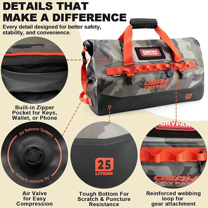 OSAH DRYPAK Waterproof Duffel Bag 25L/40L/60L – Heavy-Duty Motorcycle Tail Bag, Roll-Top Dry Bag for Travel, Camping, Boating, Kayaking, Outdoor Adventure - Image 4