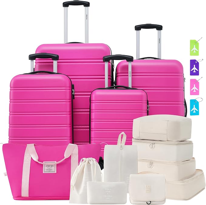 Merax Luggage sets of 13 Piece 16 20 20 28 IN Carry on Luggage Hard Case Pink Luggage Expandable Checked Luggage Suitcase Set with Wheels by Merax