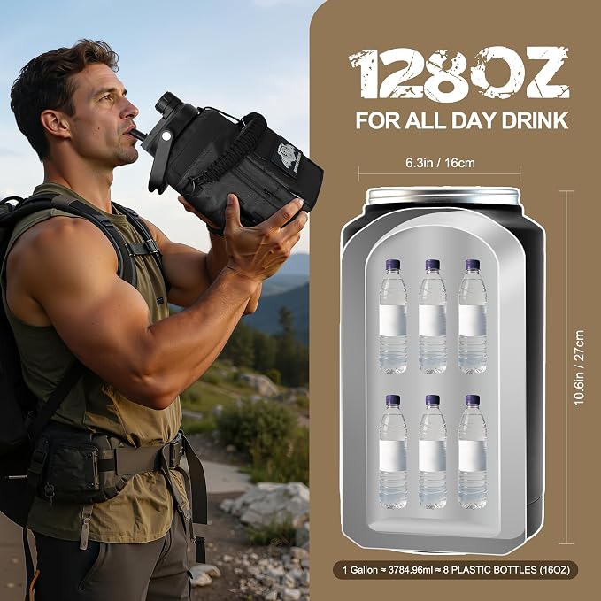 NATURE PIONEOR 128oz/1 Gallon Tactical Water Bottle with MOLLE Bottle Pouch | 18/8 Food-grade Stainless Steel, Double Vacuum Insulation, Wide-Mouth, Straw & Spout Lid, Strap, Camping, Hiking, Gym, Work - Image 7