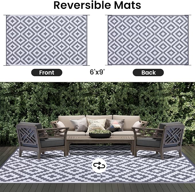 Smiry Waterproof Outdoor Rug 6x9 ft, Reversible Plastic Straw Patio Camping Rugs, Outdoor Indoor RV Mat Carpet for Patio, Outside Entry, Backyard, Deck, Bench, Picnic, Camper, White & Grey - Image 3
