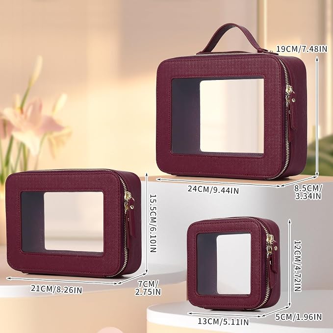 Pinkmik Clear Makeup Bag Waterproof Travel Case for Cosmetics and Toiletries Women's Purse Organizer and Clear Car Bag with Zipper (X/Burgundy, L+M+MINI) - Image 2