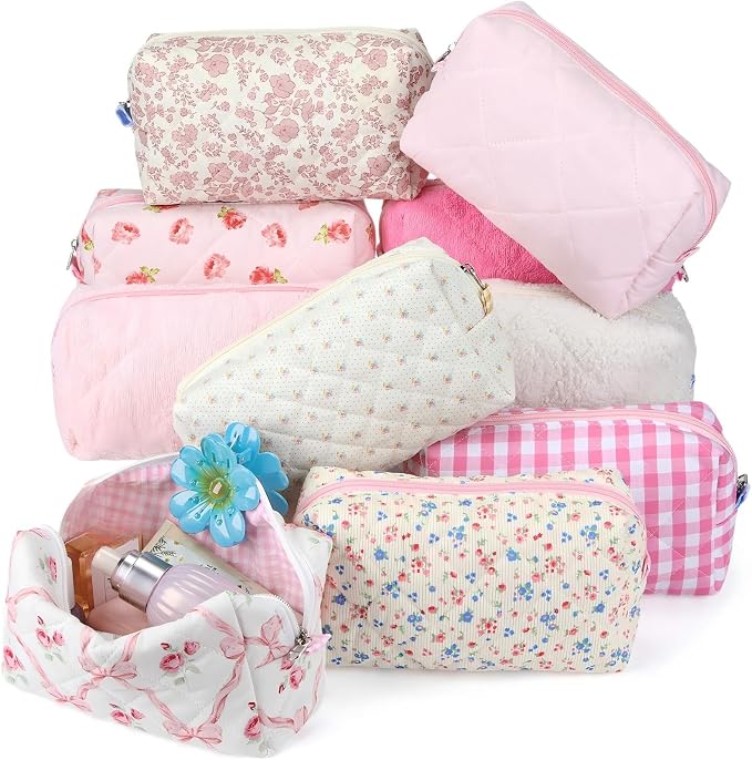 Paterr 10 Pcs Quilted Makeup Bag Bulk Cotton Floral Cosmetic Bag Women Girls Bridesmaid Gifts Cute Makeup Pouch Coquette Aesthetic Travel Toiletry Organizer(Pink Floral,7.87 x 4.72 x 3.15 Inches) by Paterr