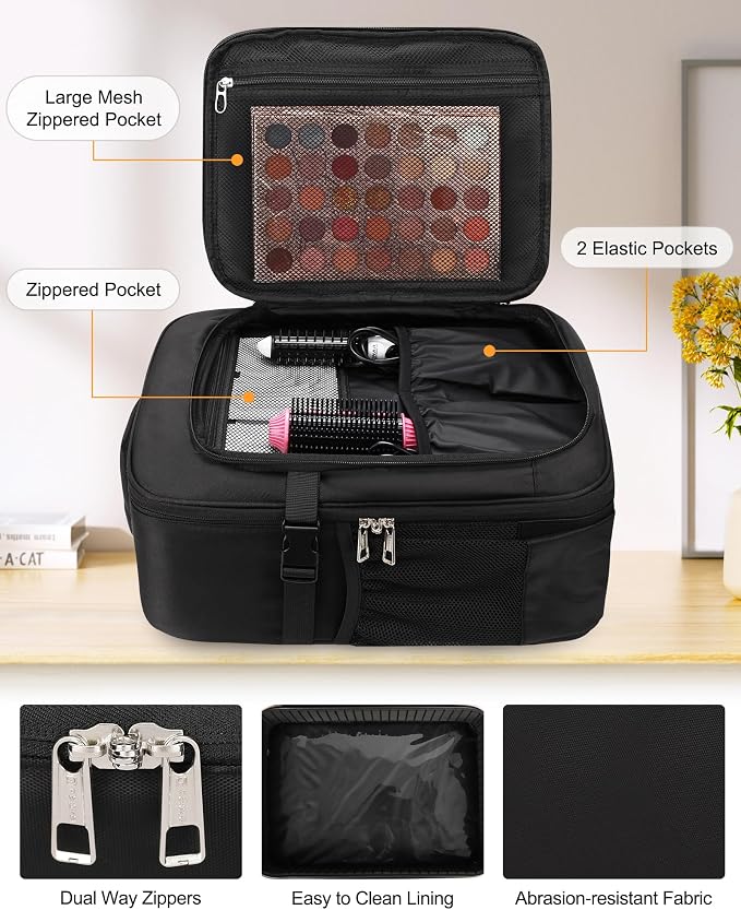 Relavel Professional Makeup Case Makeup Backpack and Clear Makeup Brush Case for Makeup Artists, Durable Water-resistant Material, with Shoulder Strap and Adjustable Dividers Black - Image 6