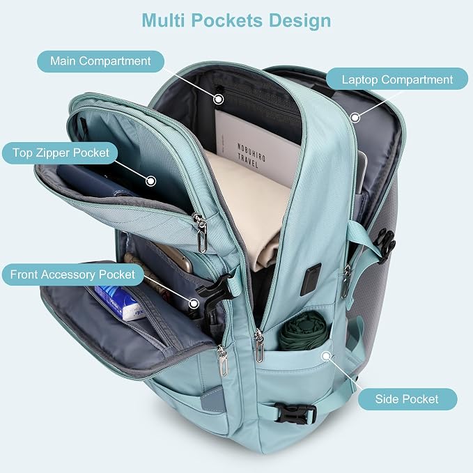 PIJUSHI Casual Travel Backpack for Women with 16" Padded Laptop Compartment | Carry On Luggage with USB Charging Port, 1680D Water-Resistant Nylon, Airline Approved, For Daily, Hiking - Image 3