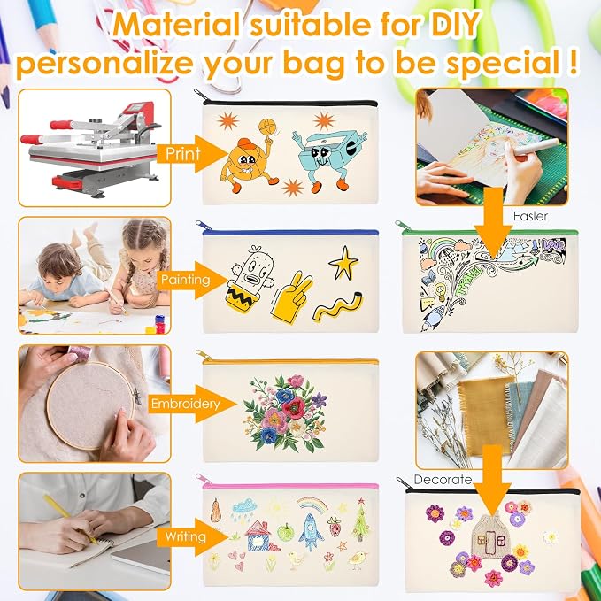 60 Pcs Canvas Bag with Zipper, Blank DIY Craft Bulk Canvas Bags for Makeup Cosmetics Toiletry, Multipurpose Pencil Pouch Bulk for Organizing & Gifting - Image 5