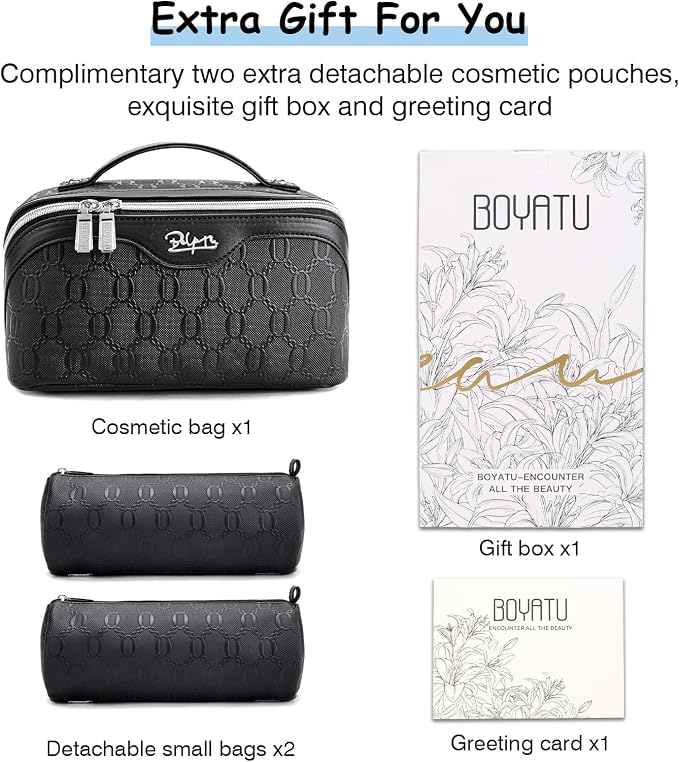 BOYATU Travel Makeup Bag for Women: Cosmetic Organizer Bag with Compartments - Leather Make up Bags Set of 3 (G-4-Black) - Image 5