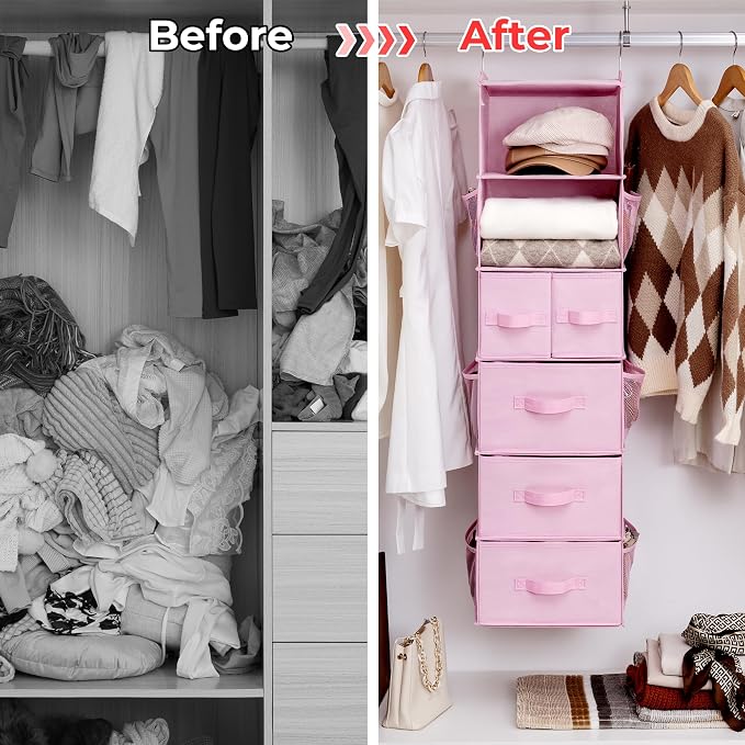 GRANNY SAYS Hanging Closet Organizers and Storage, 6 Shelves Closet Hanging Organizer with 6 Side Pockets, 5 Drawer Storage Organizer, Portable Hanging Shelves for Baby Closet, Pink Shelf - Image 7