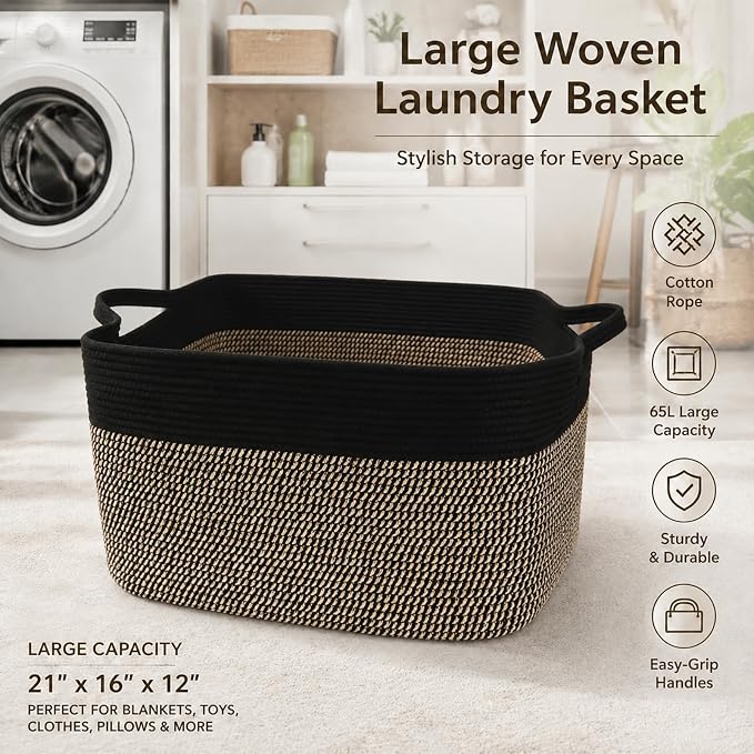 65L Collapsible Woven Rope Laundry Basket with Handles,Black/Jute | 21x16x12 Foldable Rectangular Blanket Basket for Toys, Clothes & Pillows,Ideal for Nursery, Bathroom, Bedroom, Living Room - Image 5