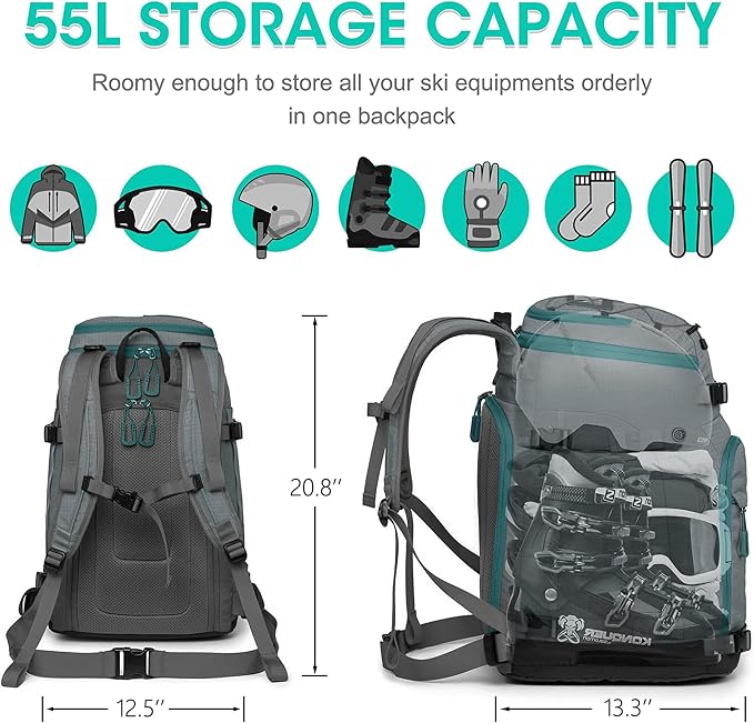 Ski Boot Bag, 55L/70L Waterproof Ski and Snowboard Boots Travel Backpack for Skis, Snowboard, Ski Helmet, Goggles, Gloves & Accessories - Image 2