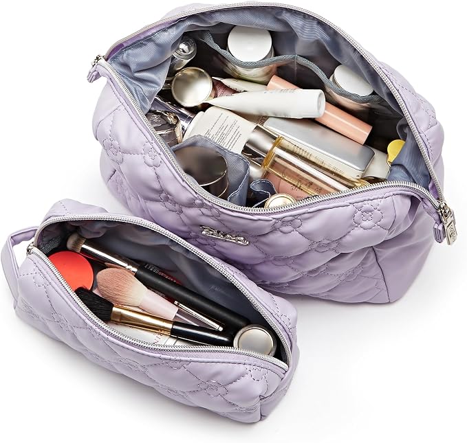 BOYATU Travel Makeup Bag Cosmetic Pouch: 2 Pcs Set Waterproof Vegan Leather Cosmetic Bags for Women - Cute Quilted Skincare Make up Toiletry Bag for Girl (03-Purple) - Image 4