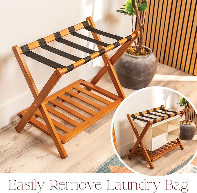 Fully Assembled Walnut Bamboo Folding Luggage Rack for Guest Room, 26.75" Folding Suitcase Stand with Removable Laundry Bag & Storage Shelf, Heavy Duty Foldable Luggage Stand for Bedrooms, Hotels, Airbnbs Holds 215lb - Image 7