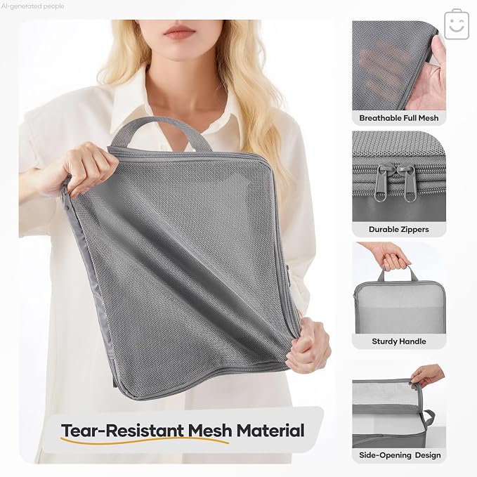 Veken 6/9/11 Set Compression Packing Cubes for Travel Essentials,Compressible Expandable Luggage Suitcase Organizer Bags with Garment Bag,Space Saver Bags with Over 1000 pcs of Mesh Holes(Gray) - Image 5