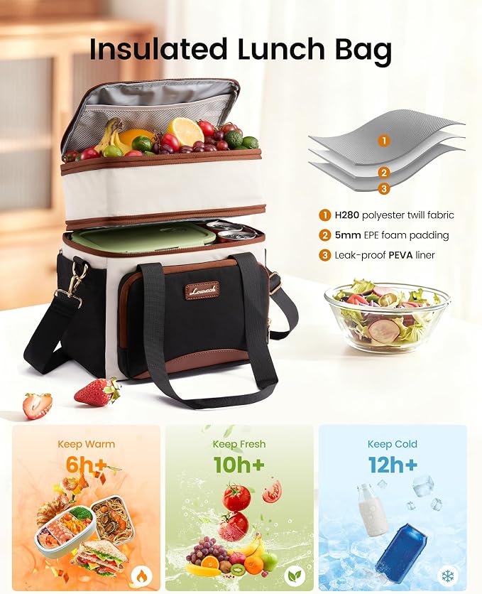 LOVEVOOK Insulated Lunch Bag For Women,Large Double Deck Adult Lunch Box,Teacher Lunch Tote Bag With Cup Holder,Leakproof Cooler Bag With Adjustable Shoulder Strap For Work Picnic Beach,Larger 15L - Image 3