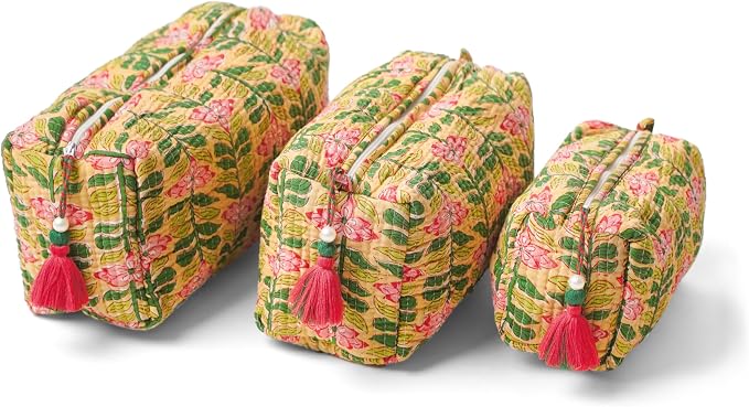 Saffron Marigold Quilted Makeup Bag Set of 3, Hand Block Printed Cotton Cosmetic Bags for Women, Waterproof Lined Travel Toiletry Bag, Coquette Aesthetic, Handmade Gift, Madagascar Prewinkle Butter by SaffronMarigold