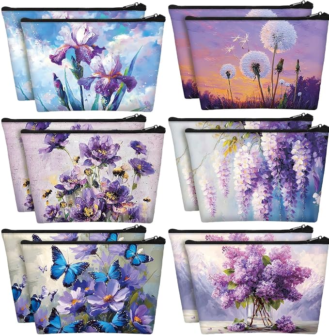 Sweetude 12 Pcs Purple Flowers Makeup Bags Bulk Purple Portable Travel Cosmetic Bag with Zipper Oil Painting Floral Waterproof Roomy Travel Toiletry Organizer Storage Beauty Pouch for Women Gifts by Sweetude