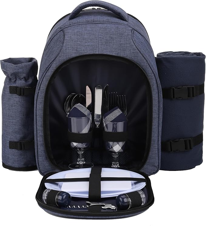 Apollo Walker Picnic Backpack Bag for 2 Person with Cooler Compartment, Detachable Bottle/Wine Holder, Fleece Blanket, Plates and Cutlery Set (2 Person, Navy) by apollowalker