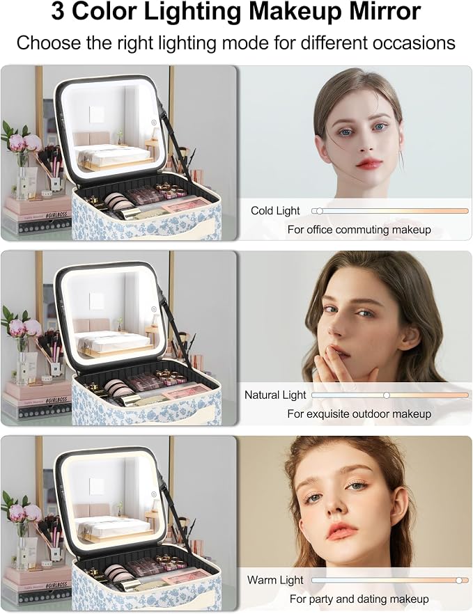 Chomeiu Makeup Bag with LED Mirror, Travel Cosmetic Bags for Women Girls Portable Train Case Makeup Artists Storage Organizer Box with Light Up Mirror 3 Color Lights, Floral Print - Image 5