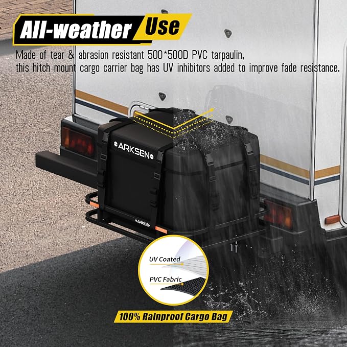 Arksen 8.9 Cu Ft Waterproof Hitch Cargo Carrier Bag – Fits 32 x 26 x 4 Inch Baskets (No Rack Needed), Large Storage for RV - Image 4