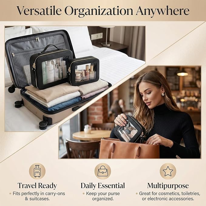 Makeup Bag | Transparent Toiletry Bag | Portable Waterproof Makeup Storage Bag | Travel-Specific Skincare Storage Bag | 2 Sets,L+M+MINI (Black) - Image 5