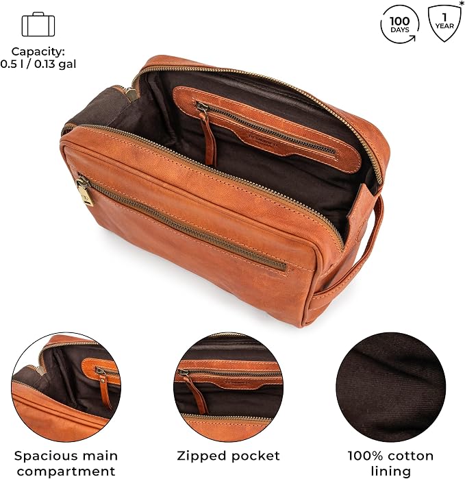 BERLINER BAGS Vintage Genuine Leather Toiletry Bag Tim XL, Large Capacity Cosmetics Bag for Men and Women for Travel, Gift for Dad - Brown - Image 4