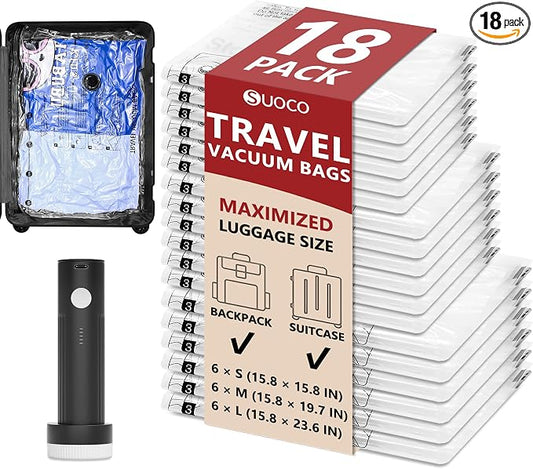 Travel Vacuum Bags for Clothing with Rechargeable Electric Pump, Compression Packing Cubes Organizer Storage for Luggage Suitcase, Space Saver Seal Bags for Vacation Cruise, 18 Combo by SUOCO
