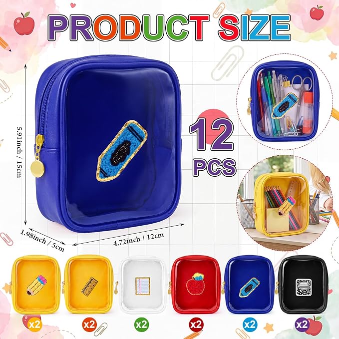12 Pack Teacher Clear Makeup Bag, Cute PVC Transparent Cosmetic Bag with Embroidery Patterns Small Waterproof Nylon Travel Pouch for Women, Teacher Appreciation Gift Set, 6 Styles - Image 2
