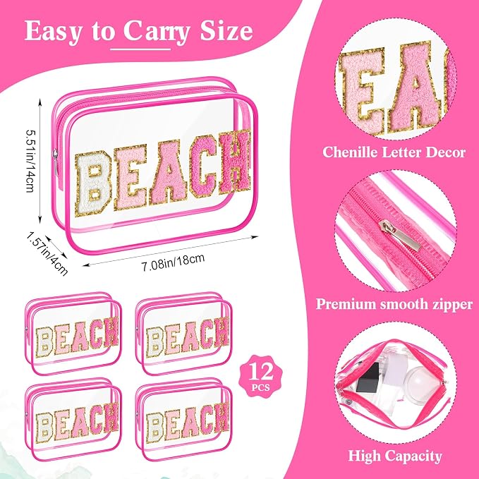 Kacctyen 12 Pack Clear Beach Makeup Bag with Chenille Letter Patch Travel Toiletry Bags Waterproof PVC Cosmetic Organizer for Women Girls Pool Beach Vacation Summer Essential Gifts, Hot Pink - Image 3