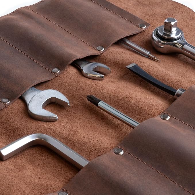 Leather Tool Bag Roll Up, 12 Slot Heavy Duty Tool Roll Bag Organizer, Tool Roll Up Bag, Portable Tool Wrap Roll Bags for Travel, Durable Tool Kit Folding Tool Pouch Roll Up Mechanic Gifts for Men - Image 3