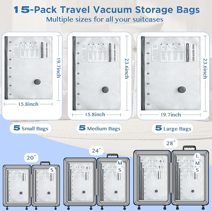 SORON 15 Pack Vacuum Seal Bags for Clothing Travel, Travel Vacuum Storage Bags with Rechargeable air Pump, Carry-on Size Compression for Luggage and Suitcases, Space Saver for Clothes - Image 2
