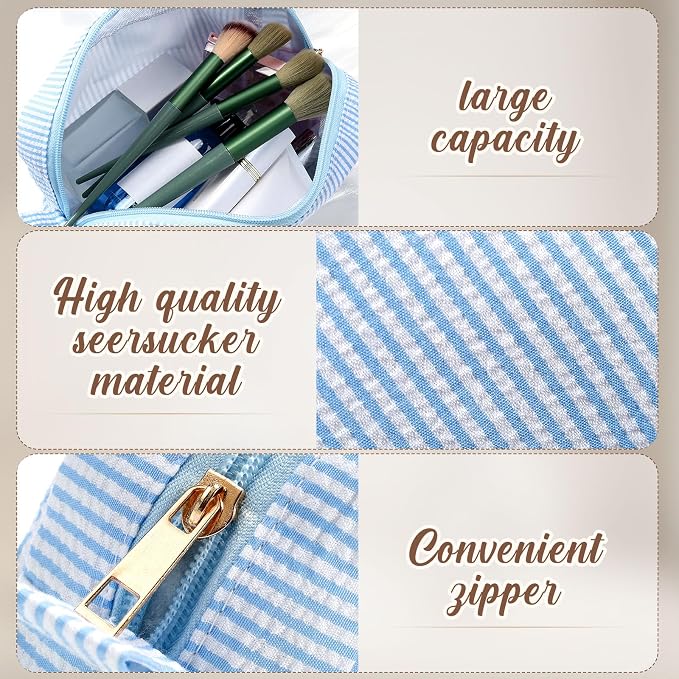 Sanwuta 10 Pcs Seersucker Cosmetic Bag Seersucker Makeup Bag Women Stripe Large Travel Toiletry Organizer Preppy Storage Pouch for Embroidery Wedding Bridesmaid Bride Mom (Light Blue) - Image 3