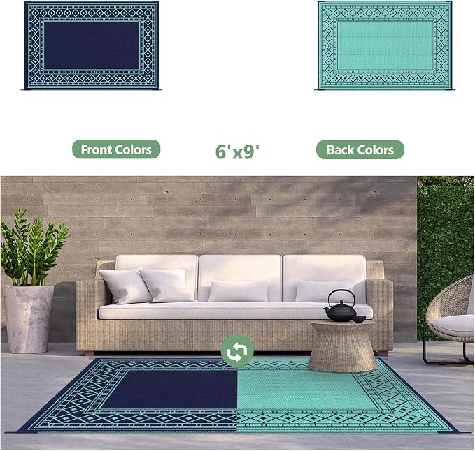 GENIMO Outdoor Rug, Waterproof Plastic Rugs for Patio, 6'x9' Blue Green | Outside Larger Modern Carpet Mat for Porch Decor, Deck, Balcony, Camping, RV, Backyard, Picnic, Beach, Reversible - Image 5