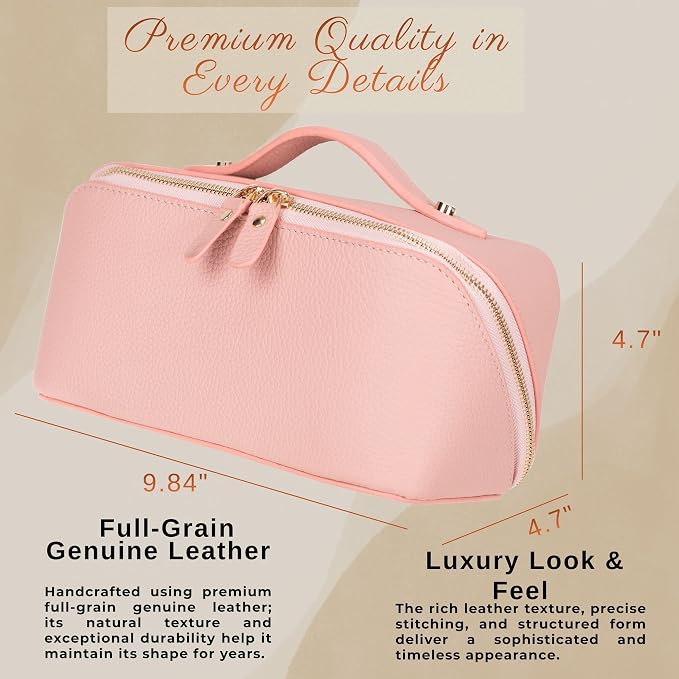 VENOULT Makeup Bag, Spacious Cosmetic Case for Women, Portable 180° Wide-Open Flat Cosmetic Bag, Travel Toiletry Organizer with Handle, Hanmdade, Full Grain Genuine Turkish Leather (Rose) - Image 3