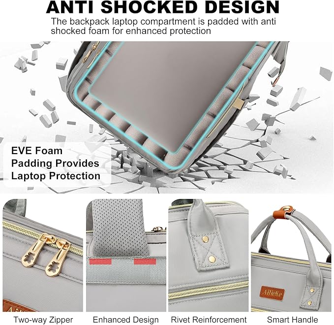 AIJIEKE Lunch Backpack for Women, 15.6 Laptop Backpack, Lunch Box, Gray | Water resistant computer bag with insulated leakproof cooler. Travel meal prep backpack for nurse, teacher, college commute - Image 5