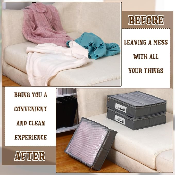 Panelee 6 Pcs 14 x 12 x 3 Inch Sweater Storage Bags Easy Gliding Zippered Sweater Package Organizer Closets Under The Bed Zippered Storage Bags with Label Pocket to Avoid Dust Dirt(Gray) - Image 4