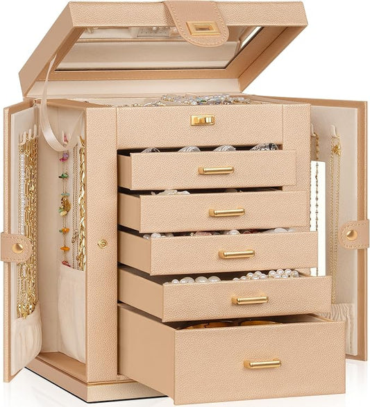 AKOZLIN 6-Tier Jewelry Box Organizer Functional 5 Drawers Leather Jewelry Storage Case for Women Girls Ring Necklace Earring Bracelet Holder Organizer with Mirror Champagne S-Medium by AKOZLIN