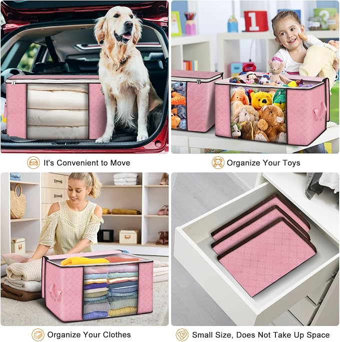 90 L Large Storage Bags, 8 Pack Clothes Storage Bins Foldable Closet Organizer Storage Containers with Durable Handle Storage and Organization, Blanket, Comforters, Bed Sheets, Pillows and Toys (Pink) | Foldable Storage Containers, with Reinforced Hand... - Image 5