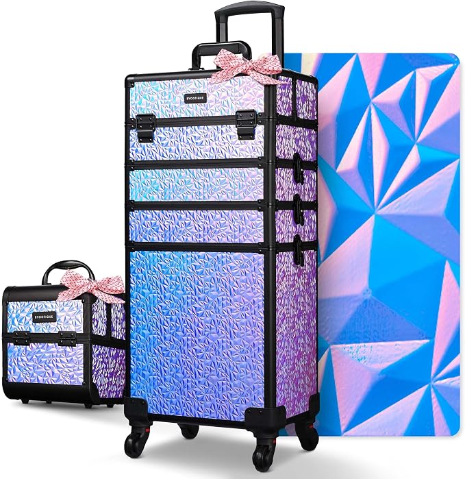 BYOOTIQUE 4in1 Cosmetology Case on Wheels w/Cosmetic Storage Makeup Artist | Aluminum Rolling Makeup Suitcase 360° Detachable Wheel Lockable Makeup Case Organizer w/ Mirror Nail Tech Mermaid Purple by BYOOTIQUE