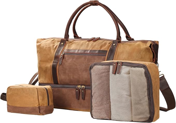 Waxed Canvas Duffel Bag with Shoe Compartment | 3-Piece Oversized Weekender Set Genuine Leather Trim Vintage Travel Carry-On Overnight Bag - Image 8