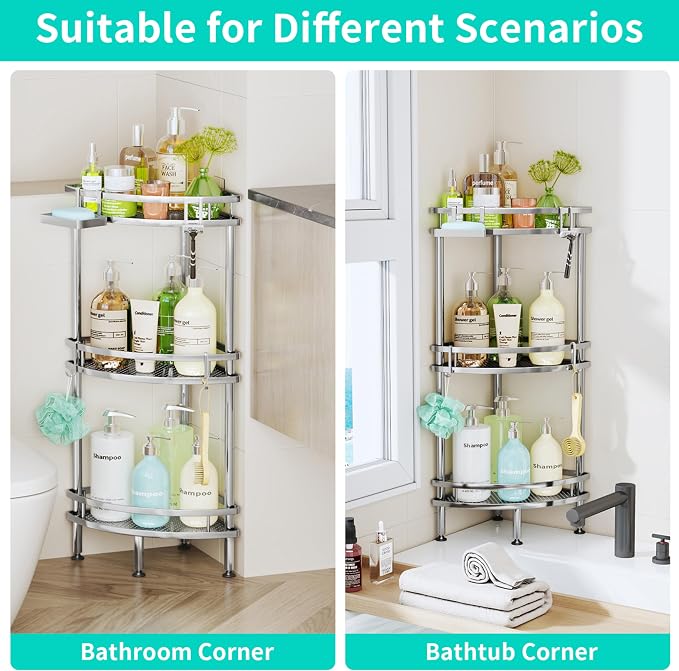 HapiRm Standing Corner Shower Caddy - 3 Tier Shower Organizer Corner with Soap Holder and 4 Hooks, Rustproof Bathroom Storage Shelves with Adhesives, Silver - Image 5